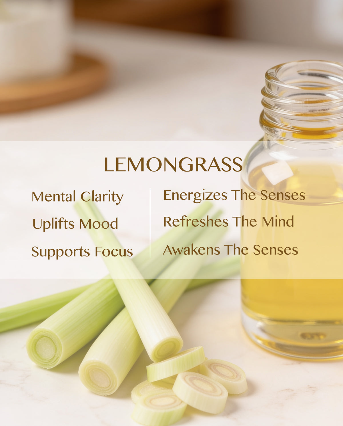 A glass bottle filled with pale yellow lemongrass oil sits on a light marble surface beside fresh lemongrass stalks and slices. Text overlays describe benefits such as mental clarity, mood uplift, focus support, and energizing the senses.