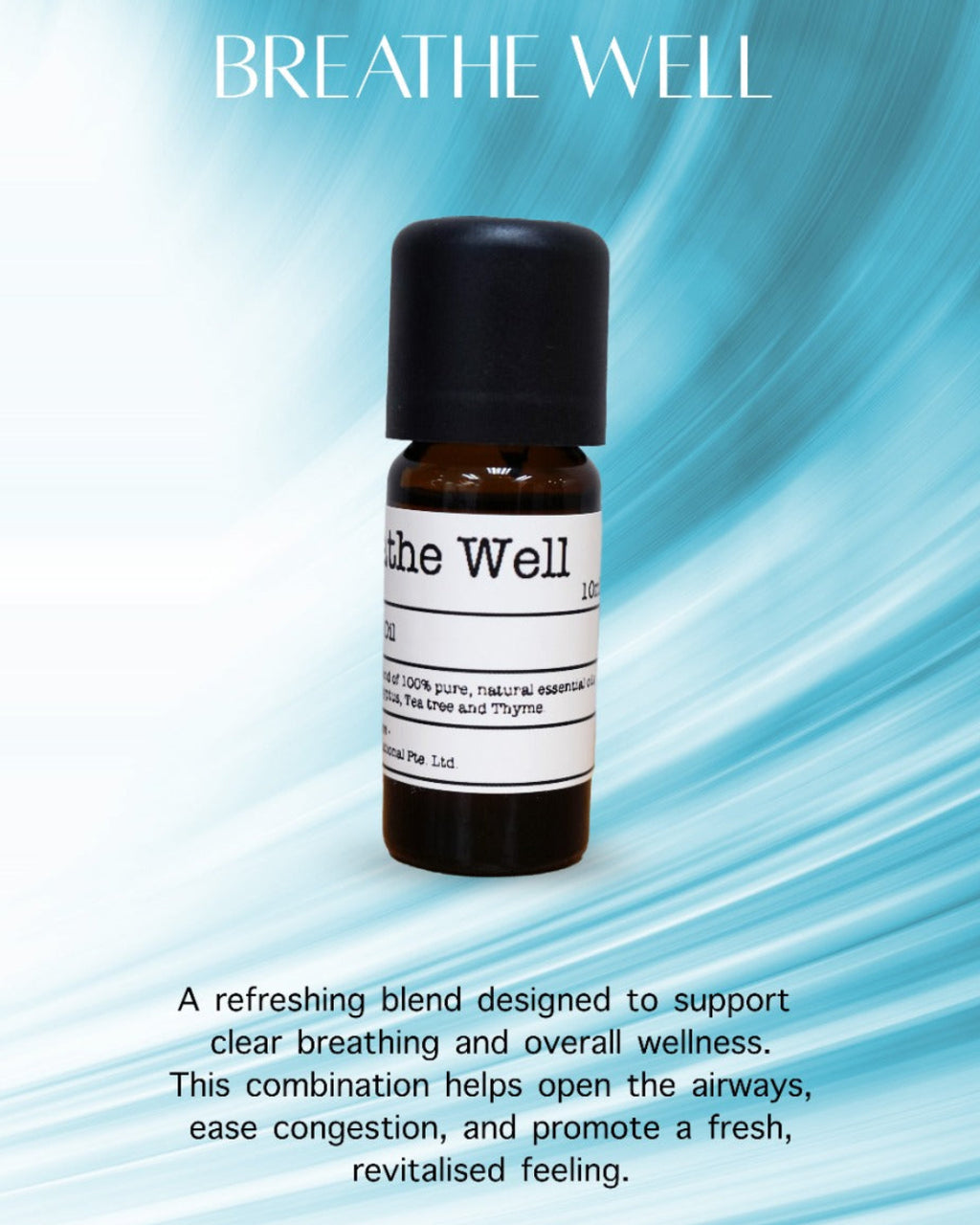 A pure essential oil blend, Breathe Well essential oil bottle centered on a blue and white abstract background with product text above and descriptive copy below.